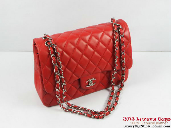 Chanel A01113 Classic Flap Bag Red Original Leather Silver Chanel A01113 Classic Flap Bag Red Original Leather Silver