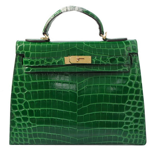 Hermes Kelly 32cm Shoulder Bags Green Iridescent Croco Leather Gold