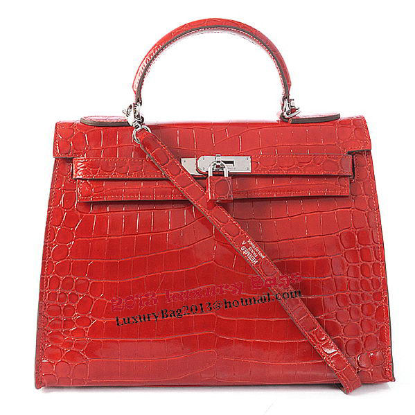 Hermes Kelly 32cm Shoulder Bags Red Iridescent Croco Leather Silver Hermes Kelly 32cm Shoulder Bags Red Iridescent Croco Leather Silver