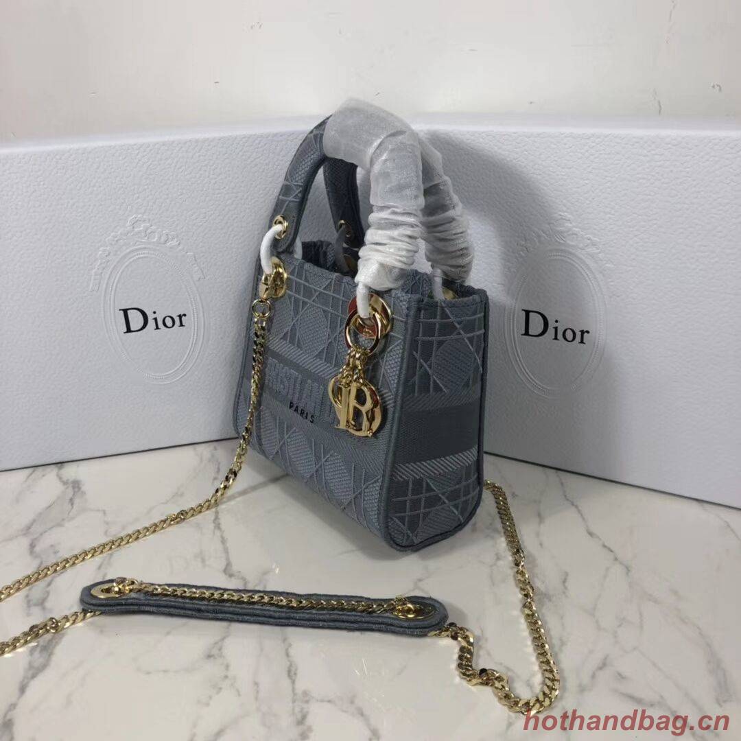 MINI LADY DIOR TOTE BAG IN EMBROIDERED CANVAS C4531 grey blue MINI LADY DIOR TOTE BAG IN EMBROIDERED CANVAS C4531 grey blue