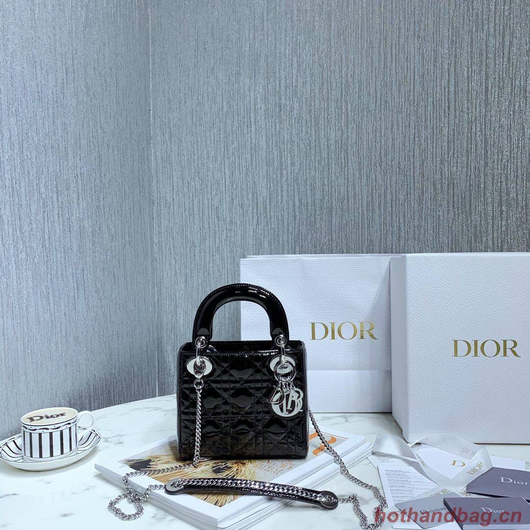 MINI LADY DIOR BAG Black Patent Cannage Calfskin M0566OW Silver Hardware MINI LADY DIOR BAG Black Patent Cannage Calfskin M0566OW Silver Hardware