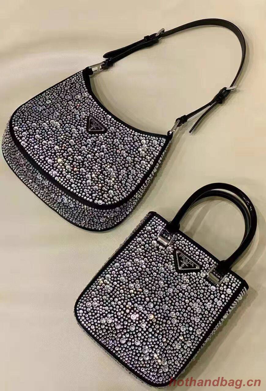 Prada leather small-bag with artificial crystals tote 1BC331 black Prada leather small-bag with artificial crystals tote 1BC331 black