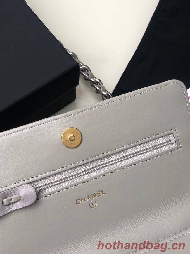 Chanel 19 Classic Sheepskin Leather Chain Wallet AP0957 light gray& silver-Tone Metal