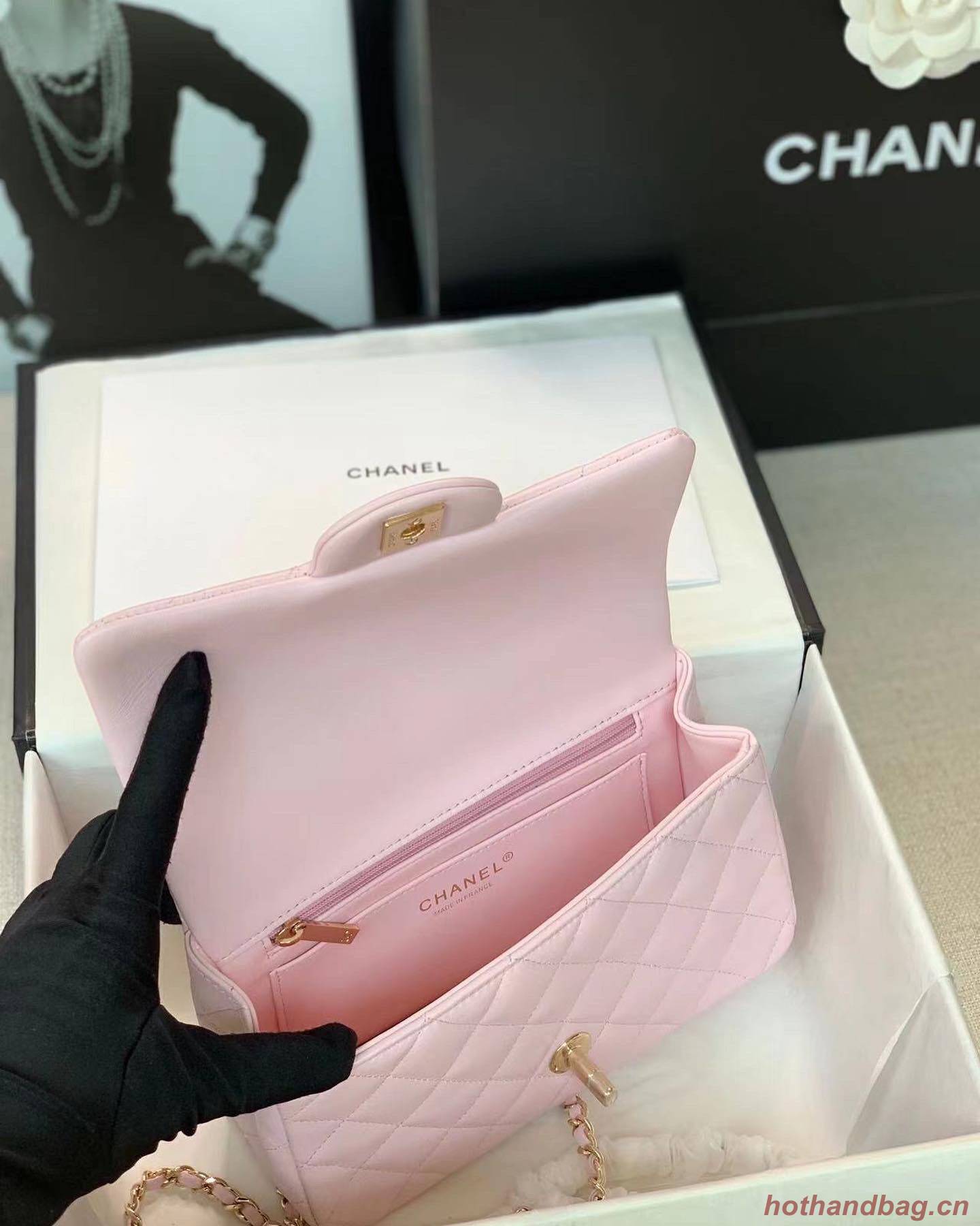 CHANEL mini flap bag with top handle AS2431 light pink CHANEL mini flap bag with top handle AS2431 light pink