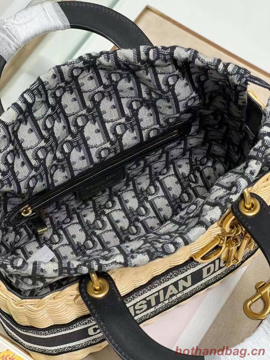 MEDIUM LADY DIOR BAG Natural Wicker and Blue Dior Oblique Jacquard M0565 MEDIUM LADY DIOR BAG Natural Wicker and Blue Dior Oblique Jacquard M0565