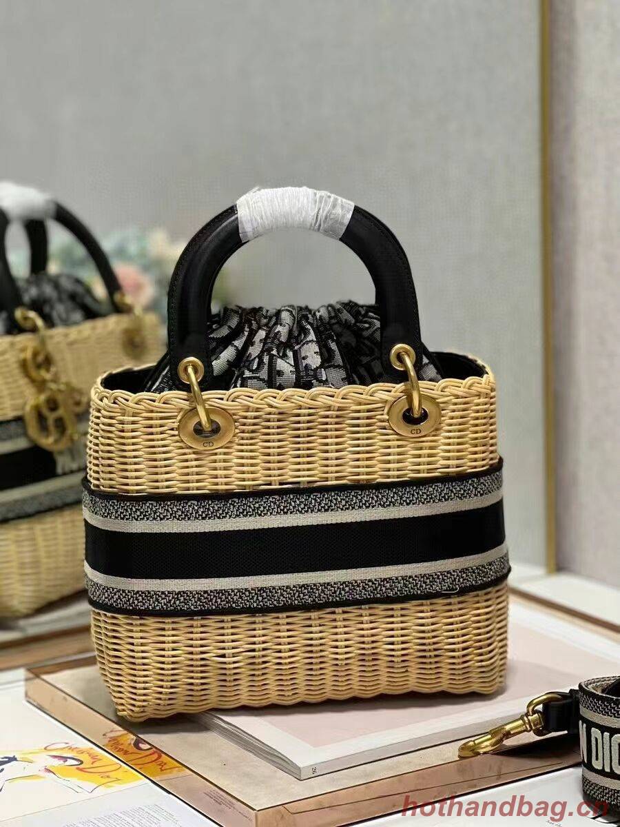 MEDIUM LADY DIOR BAG Natural Wicker and Blue Dior Oblique Jacquard M0565 MEDIUM LADY DIOR BAG Natural Wicker and Blue Dior Oblique Jacquard M0565