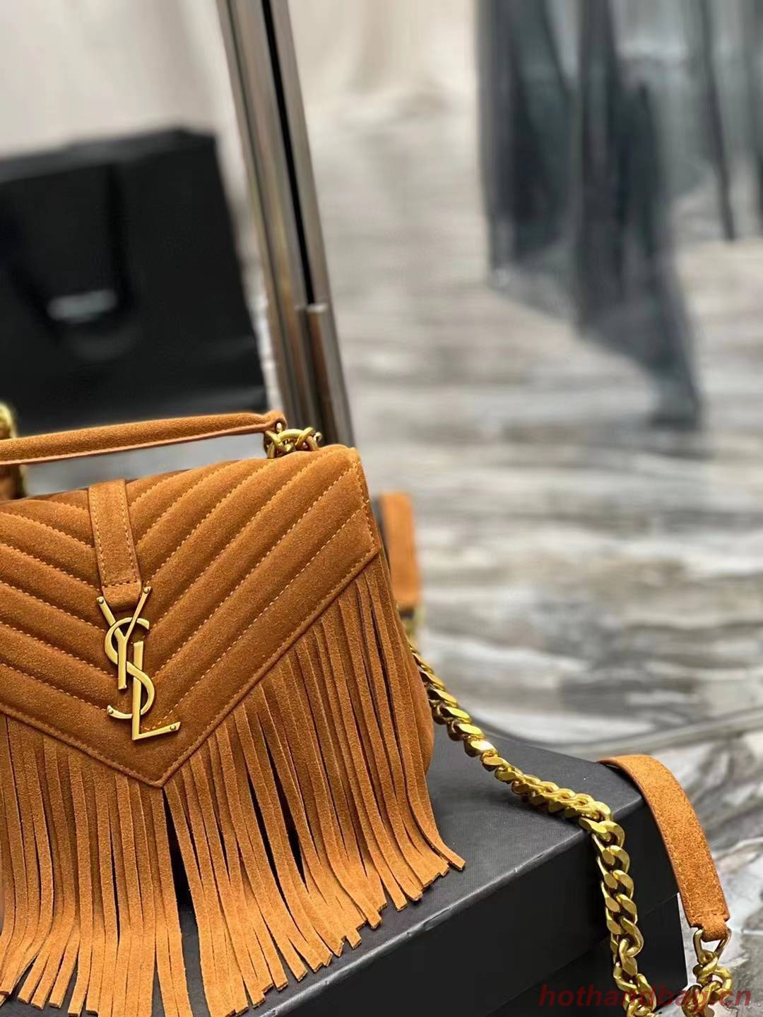 SAINT LAURENT COLLEGE MEDIUM CHAIN BAG IN LIGHT SUEDE WITH FRINGES 5317050 CINNAMON SAINT LAURENT COLLEGE MEDIUM CHAIN BAG IN LIGHT SUEDE WITH FRINGES 5317050 CINNAMON
