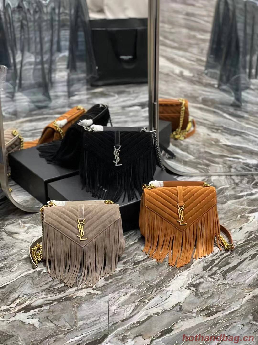 SAINT LAURENT COLLEGE MEDIUM CHAIN BAG IN LIGHT SUEDE WITH FRINGES 5317050 CINNAMON SAINT LAURENT COLLEGE MEDIUM CHAIN BAG IN LIGHT SUEDE WITH FRINGES 5317050 CINNAMON