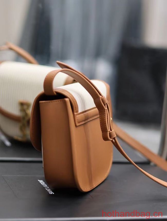 SAINT LAUREN KAIA SMALL SATCHEL CANVAS AND VEGETABLE-TANNED LEATHER Y916740 BROWN GOLD SAINT LAUREN KAIA SMALL SATCHEL CANVAS AND VEGETABLE-TANNED LEATHER Y916740 BROWN GOLD