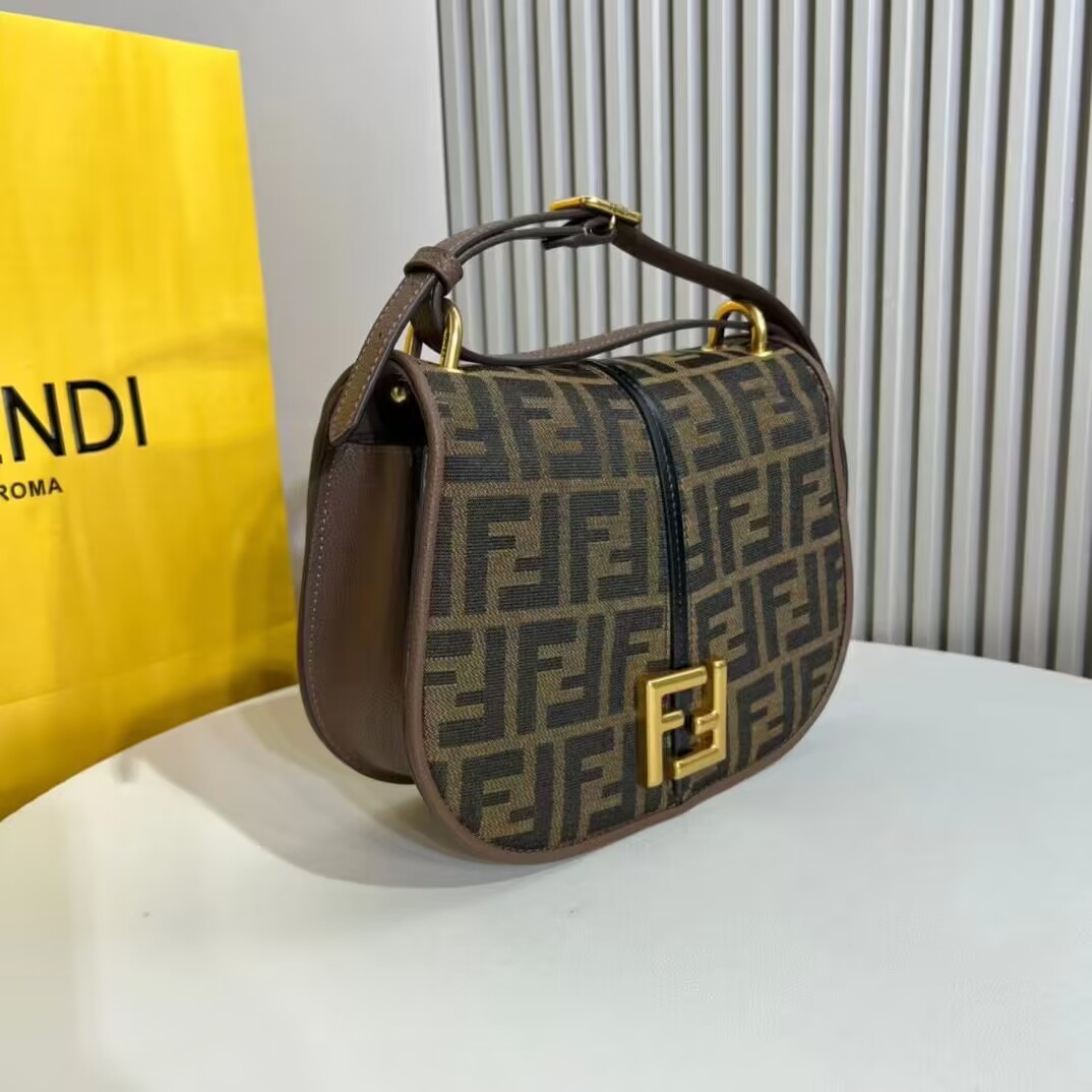 Fendi Cmon Medium Brown FF jacquard fabric and leather bag 8BT366 Fendi Cmon Medium Brown FF jacquard fabric and leather bag 8BT366
