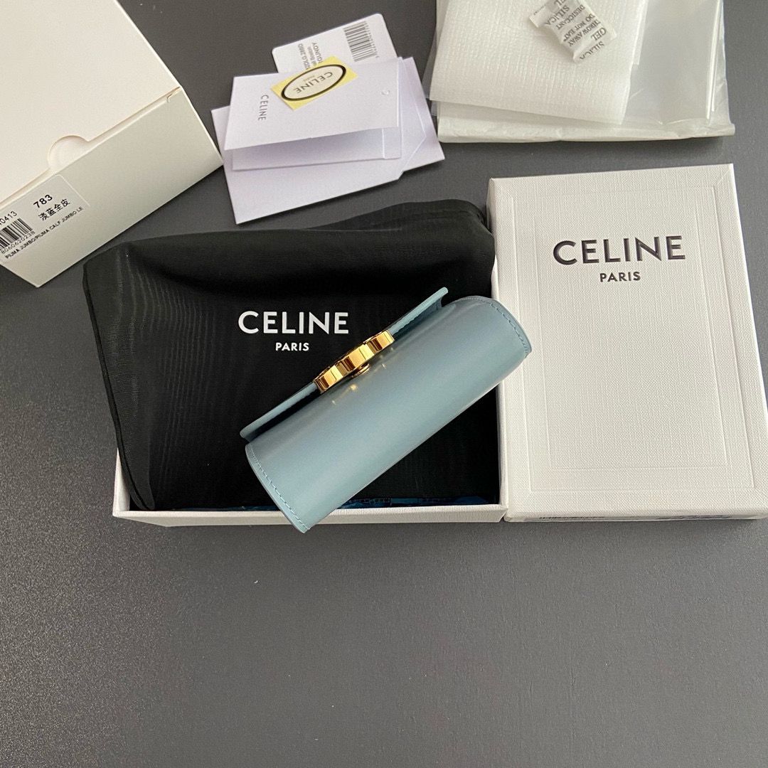 Celine SMALL WALLET TRIOMPHE IN SHINY CALFSKIN 10D783 BLUE Celine SMALL WALLET TRIOMPHE IN SHINY CALFSKIN 10D783 BLUE