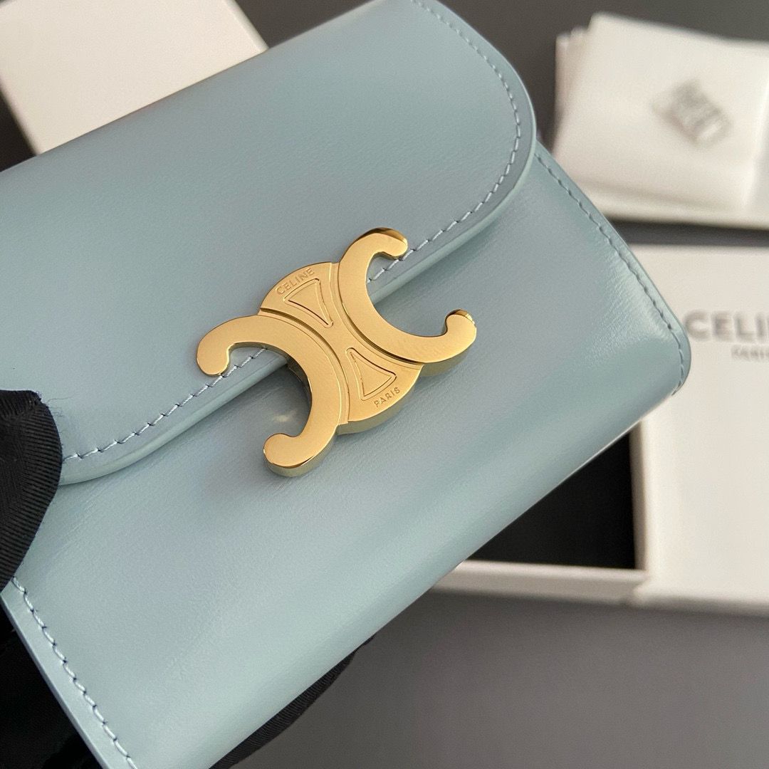 Celine SMALL WALLET TRIOMPHE IN SHINY CALFSKIN 10D783 BLUE Celine SMALL WALLET TRIOMPHE IN SHINY CALFSKIN 10D783 BLUE