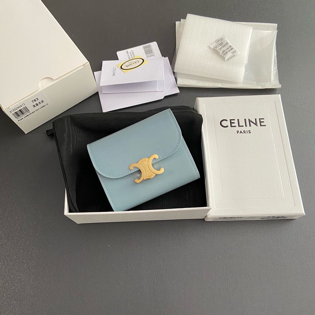 Celine SMALL WALLET TRIOMPHE IN SHINY CALFSKIN 10D783 BLUE Celine SMALL WALLET TRIOMPHE IN SHINY CALFSKIN 10D783 BLUE