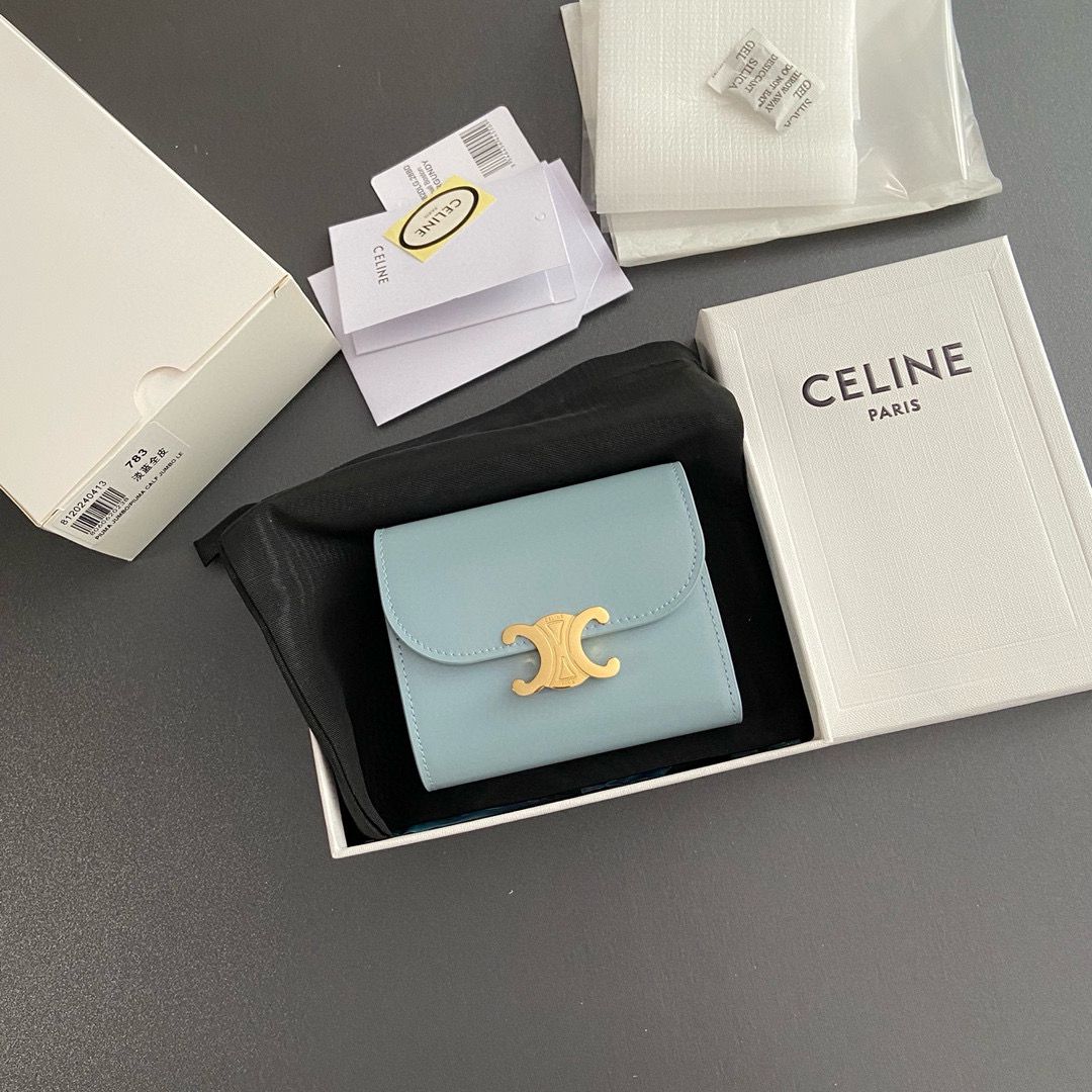 Celine SMALL WALLET TRIOMPHE IN SHINY CALFSKIN 10D783 BLUE Celine SMALL WALLET TRIOMPHE IN SHINY CALFSKIN 10D783 BLUE