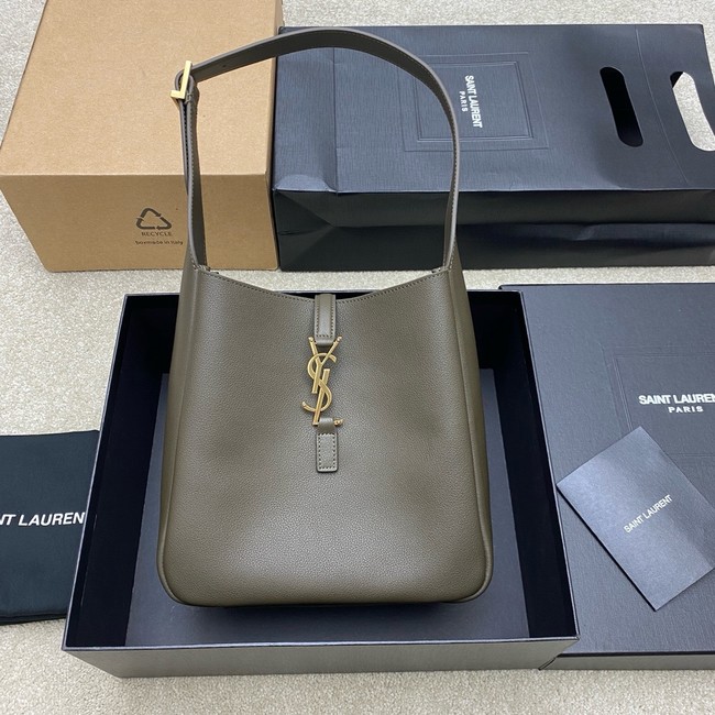 SAINT LAURENT LE 5 A 7 SUPPLE LARGE IN GRAINED LEATHER 753837 STRONG MOSS