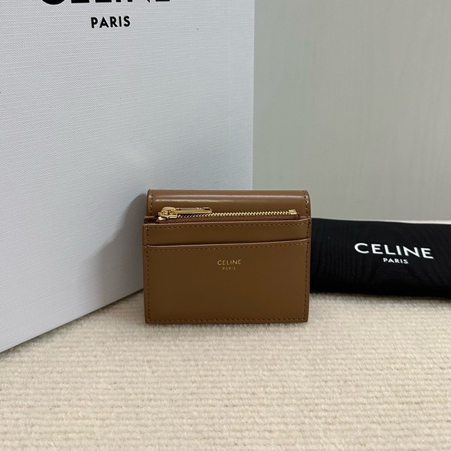 Celine SMALL FLAP WALLET TRIOMPHE IN SHINY CALFSKIN 10D783 SMOKED BROWN