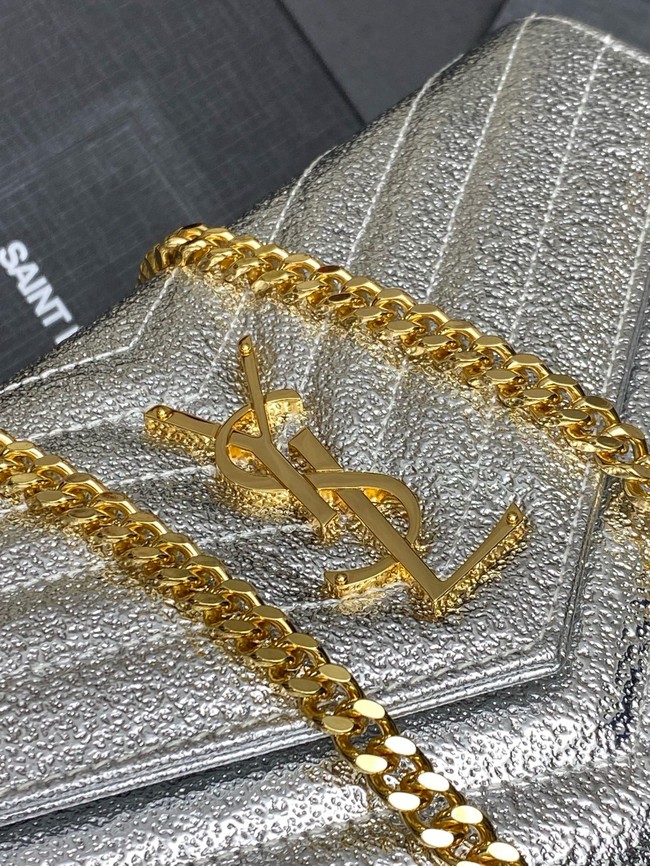 SAINT LAUREN CASSANDRE MATELASSE CHAIN WALLET IN GRAIN DE POUDRE EMBOSSED LEATHER 377828 Silver