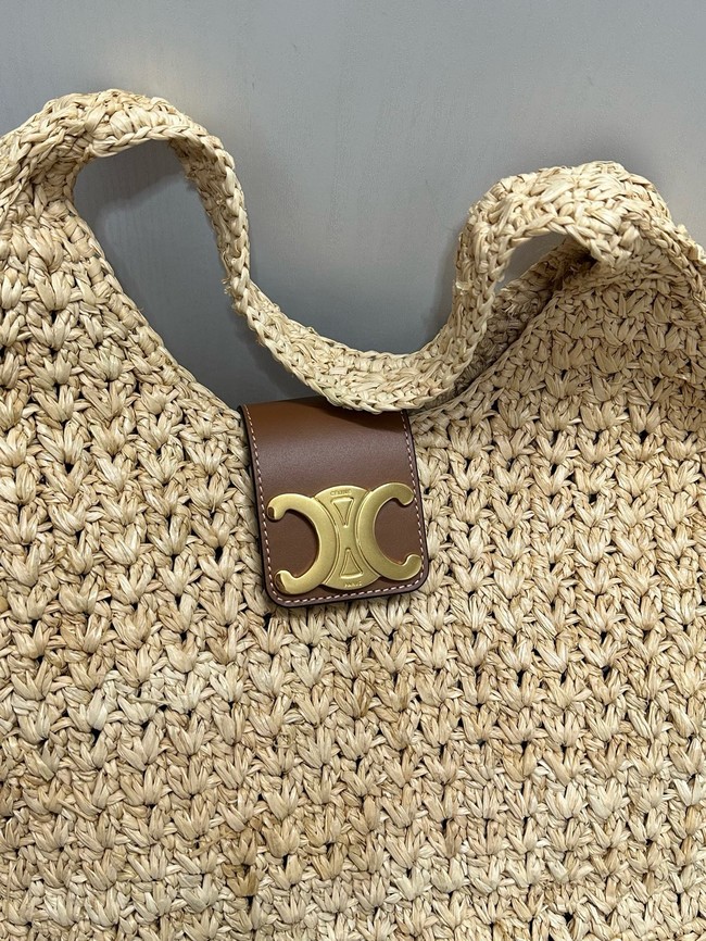 CELINE CABAS TRIANGLE IN RAFFIA AND CALFSKIN 119772 NATURAL / TAN