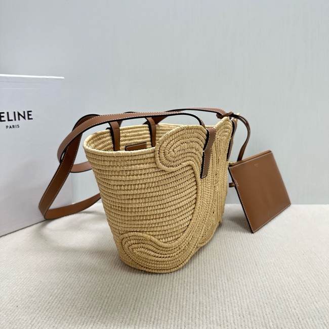 CELINE CLASSIC PANIER SMALL BRAIDED TRIOMPHE in RAFFIA and CALFSKIN 117022 TAN