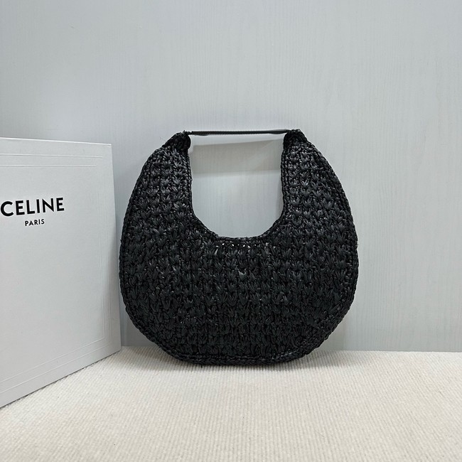 celine classic panier HOBO BAG IN Raffia and Calfskin 112772 black