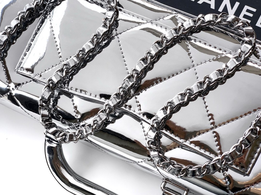 Chanel 25K Original Patent Leather Top Handle Bag A6321 Silver