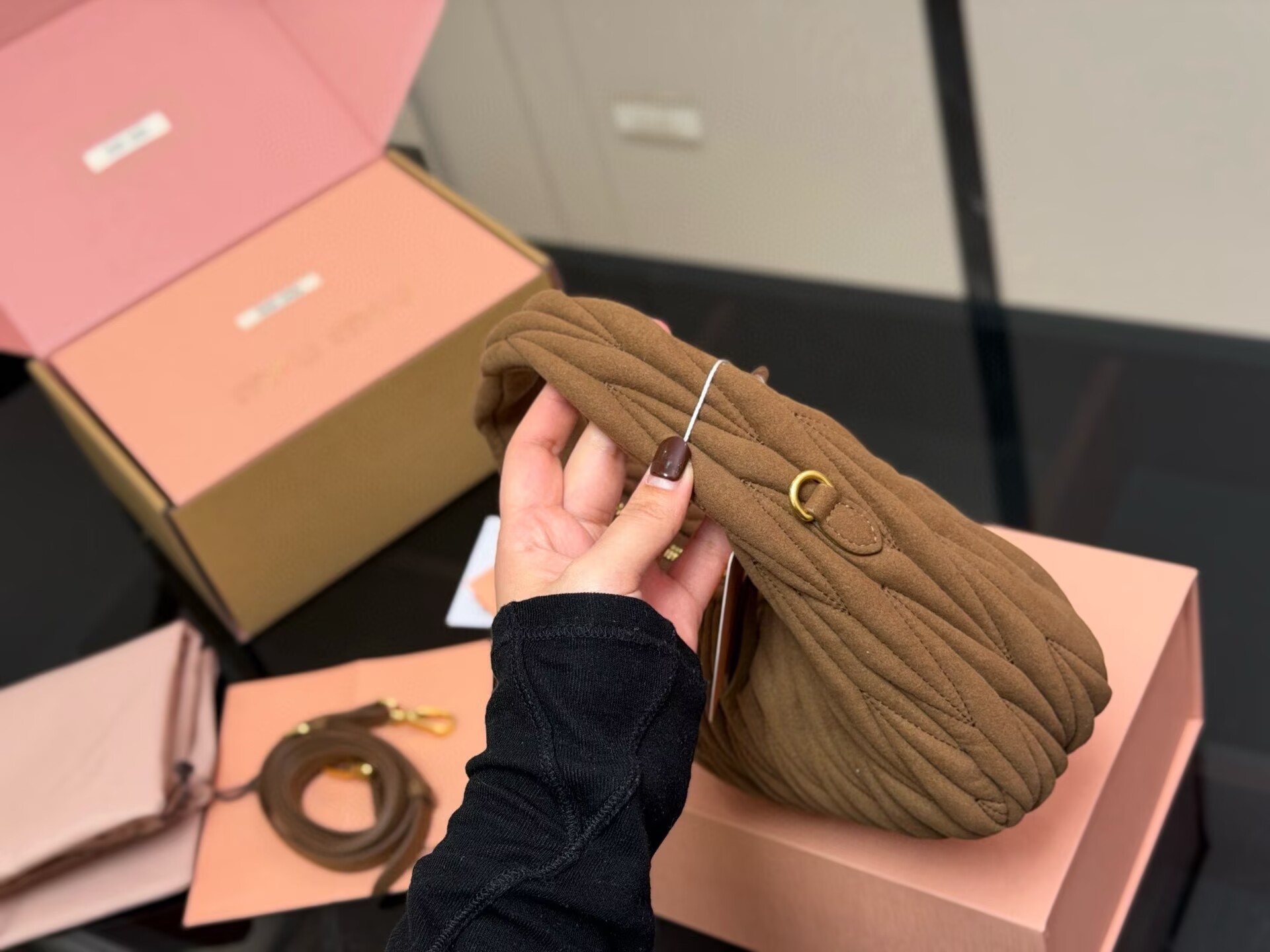 Miu Miu Women Wander Matelasse Suede Top Handle Bag MM63201 Dark Brown