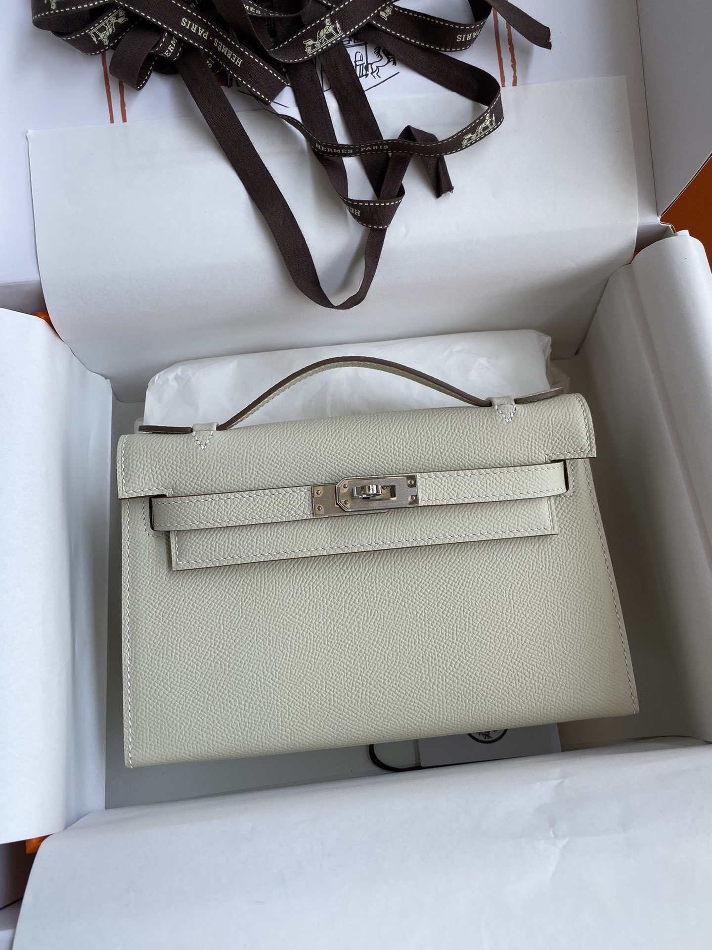 Hermes Kelly 22CM Tote Bag Original Epsom Leather KL22 Off-White Silver-Tone