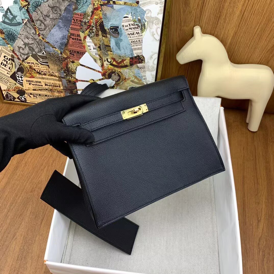 Hermes Kelly Danse Original Evercolor Leather 22CM KL22 Black Gold-Tone Hermes Kelly Danse Original Evercolor Leather 22CM KL22 Black Gold-Tone