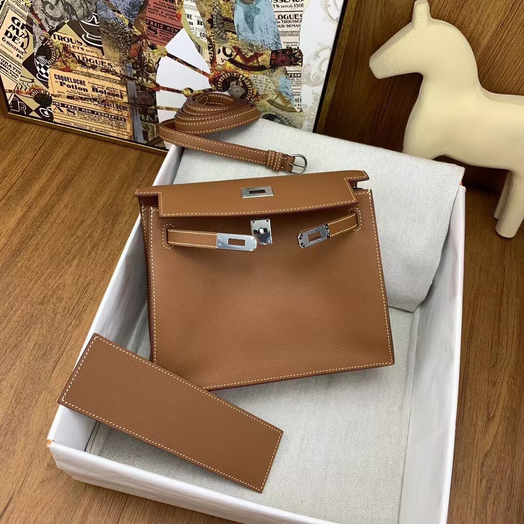 Hermes Kelly Danse Original Evercolor Leather 22CM KL22 Brown Silver-Tone Hermes Kelly Danse Original Evercolor Leather 22CM KL22 Brown Silver-Tone