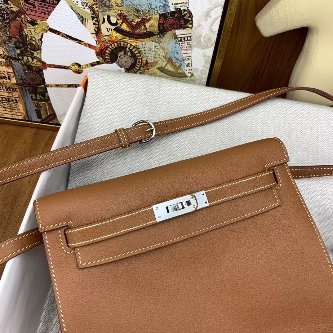 Hermes Kelly Danse Original Evercolor Leather 22CM KL22 Brown Silver-Tone Hermes Kelly Danse Original Evercolor Leather 22CM KL22 Brown Silver-Tone