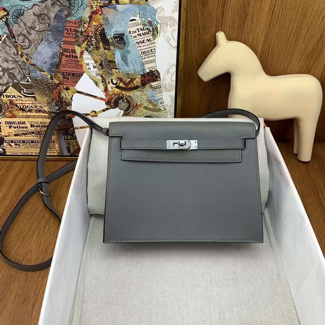 Hermes Kelly Danse Original Evercolor Leather 22CM KL22 Gray Silver-Tone