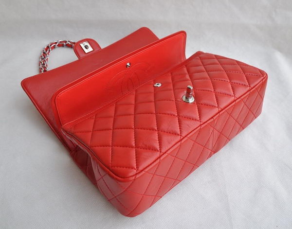 Chanel Classic 2.55 Series Red Lambskin Silver Chain Quilted Flap Bag 1113 Chanel Classic 2.55 Series Red Lambskin Silver Chain Quilted Flap Bag 1113