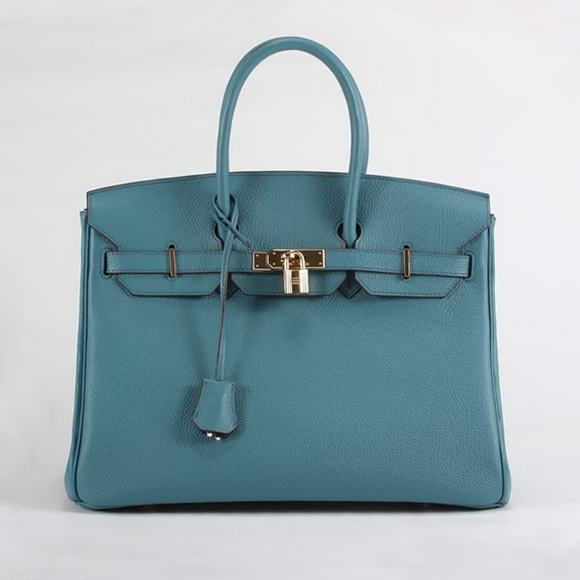 Hermes Birkin 35CM Smooth Leather Handbag 6089 Blue Golden