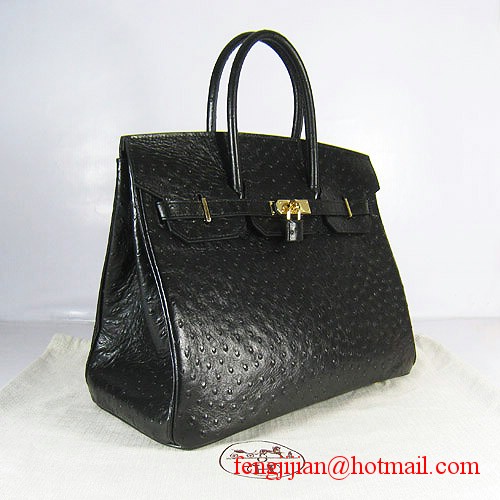 Hermes Birkin 35cm Ostrich Veins Handbag Black 6089 Gold Hardware