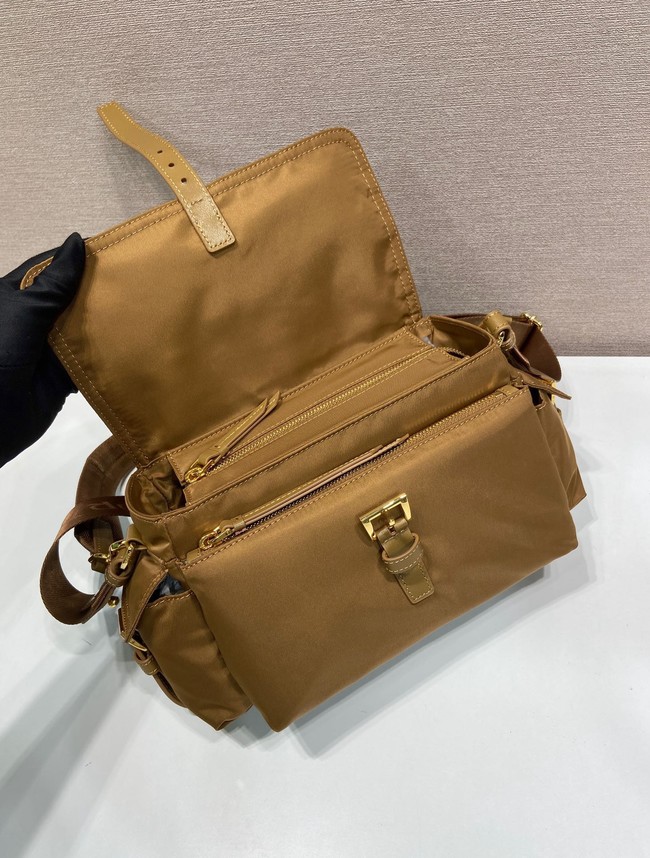 Prada Route medium leather tote bag Re-Nylon 1BD394 camel