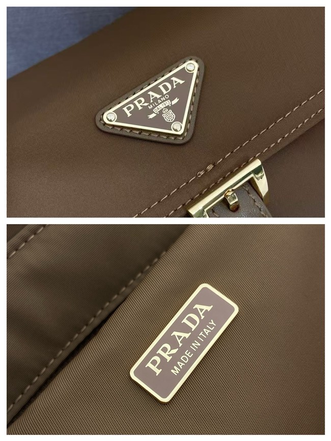 Prada Route medium leather tote bag Re-Nylon 1BD394 camel