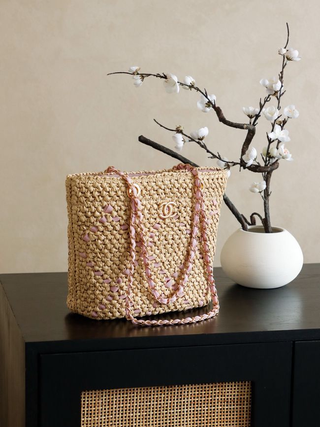 CHANEL Braided Straw Shoulder Bag AS5955 Apricot and pink