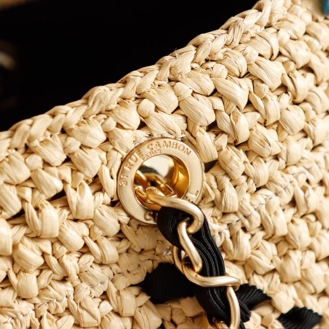 CHANEL Large Braided Straw Shoulder Bag AS5956 Apricot and black