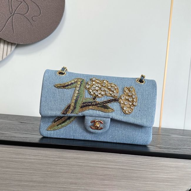 Chanel Classic 11.12 Handbag A01112 Embroidered Denim Blue Chanel Classic 11.12 Handbag A01112 Embroidered Denim Blue