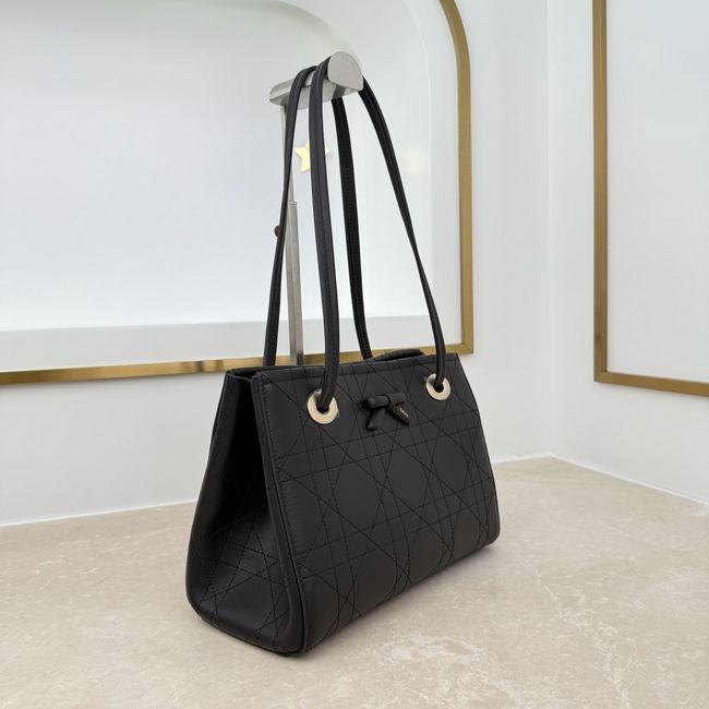 Small Dior Promenade Shopping Bag Black Flat Cannage Calfskin M1410O
