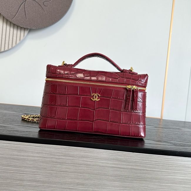 Chanel Vanity with Chain Crocodile Embossed AP5195 burgundy Chanel Vanity with Chain Crocodile Embossed AP5195 burgundy