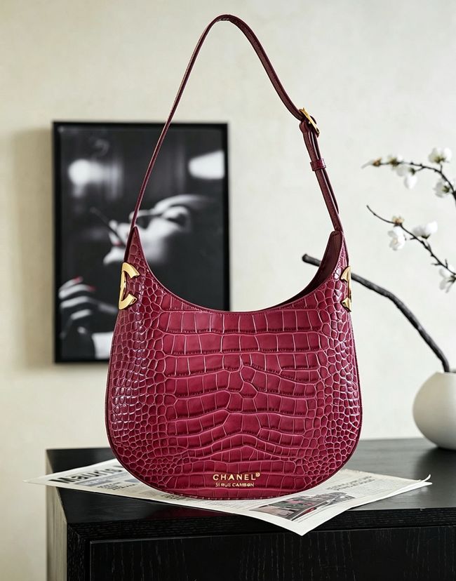 Chanel Crocodile Embossed Shoulder Bag 68012 burgundy