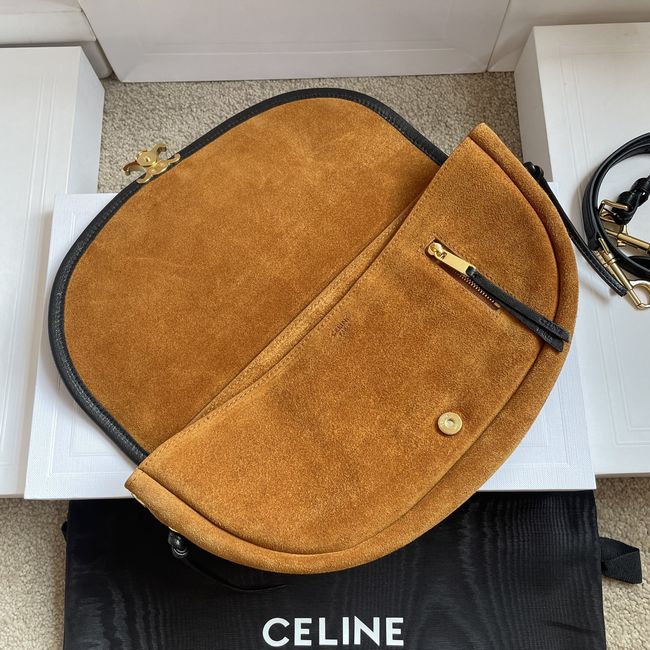CELINE SOFT TRIOMPHE LITTLE HALFMOON IN SUEDE L103754 CAMEL & BLACK CELINE SOFT TRIOMPHE LITTLE HALFMOON IN SUEDE L103754 CAMEL & BLACK