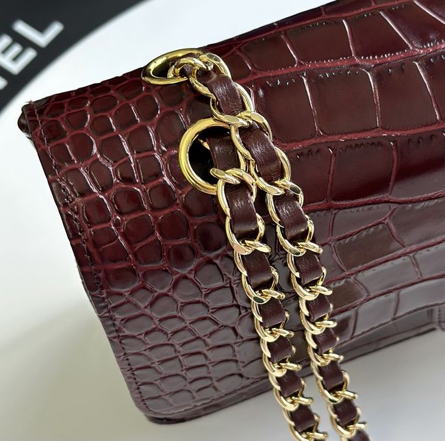 Chanel Small Flap Bag Crocodile Embossed Calfskin 1112 Dark Burgundy