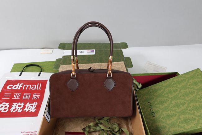 Gucci Large boston bag with bamboo soft suede A006OD Dark brown
