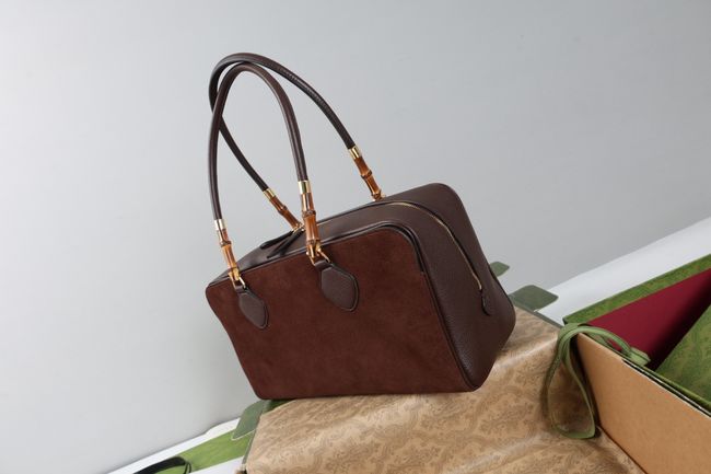 Gucci Large boston bag with bamboo soft suede A006OD Dark brown